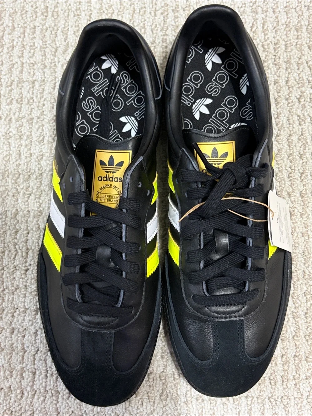 ADIDAS Samba Leather Sneakers in Black w/ Solar Yellow & White Stripes NWT
